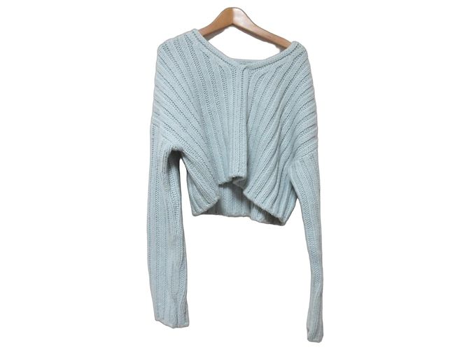 Autre Marque Noble Bulky Wide Rib Short Knit Wool Pullover Blue Light blue