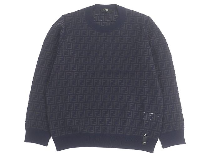 Fendi FF Logo Zucca Wollpullover Blau Marineblau