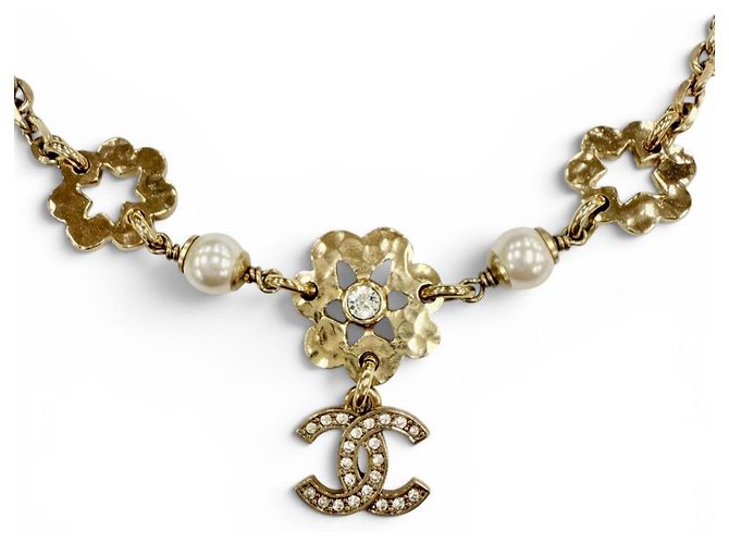 Collana Chanel Motivo Floreale con Perle e Strass D'oro