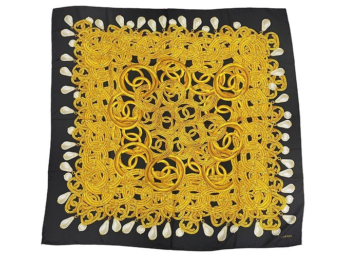 Sciarpa in seta vintage Chanel nera e oro