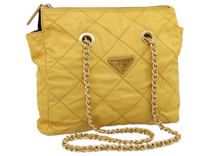 Borsa a Spalla con Catena PRADA Nylon Giallo Oro Auth 190869A D'oro