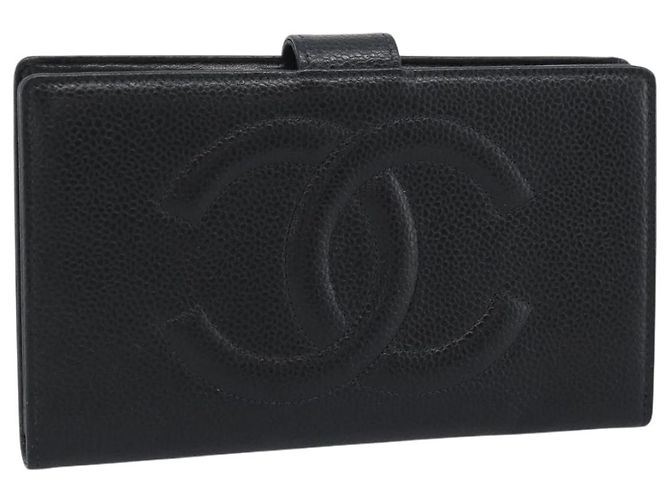 CHANEL COCO Mark Cartera Larga Piel Caviar Negro Oro CC Auth 191387V Dorado