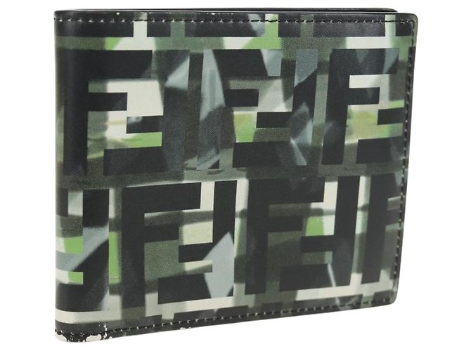 FENDI Cartera Bifold Zucca Canvas Cuero Verde Negro Auth BA13848A