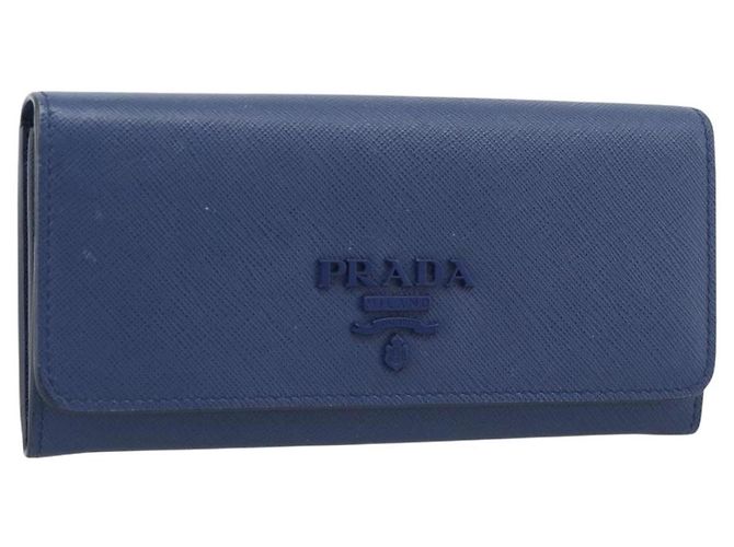 Saffiano PRADA Long Wallet Safiano Leather Blue Gold Auth 190465A Golden