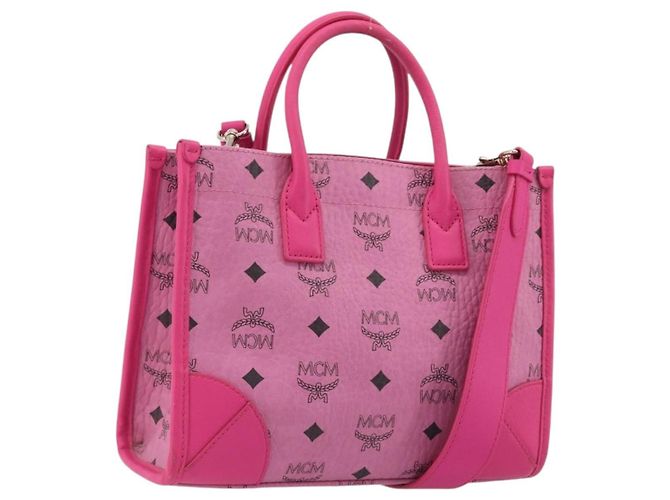 Bolsa de Mão MCM Vicetos Logogram PVC Couro 2way Rosa Ouro Auth mr2718A Dourado