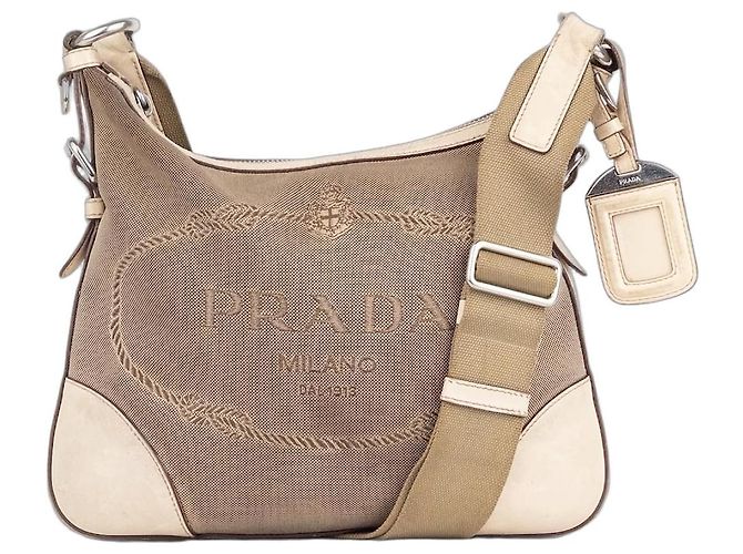 Prada 2000s Jacquard Canvas Crossbody Bag Beige
