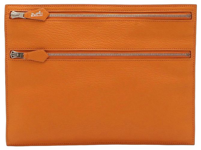 Hermès Double Zip Flat Pouch Clutch Bag Orange