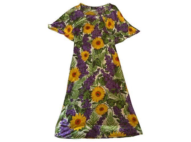 Loewe Midi-Kleid mit Blumenprint Mehrfarben Grün Orange Gelb Hellgrün Lavendel