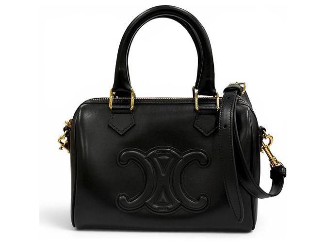 Céline Celine 11377 Bolsa Boston Small Cuir Triomphe em couro liso Preto