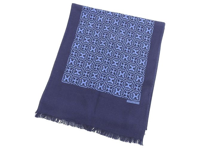 Hermès Hermes Cashmere-Seide-Schal mit H-Muster und Fransen Blau Marineblau