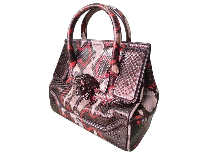 Versace Medusa Python Leather Top Handle Bag Black Red Beige Python print 