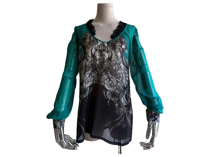 Camicetta in seta stampata Roberto Cavalli Nero Bianco Verde Grigio