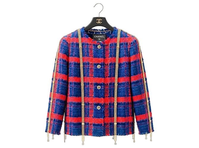 RARE CHANEL 08P RUNWAY BLUE RED GOLD CC MULTI CHAINS TWEED JACKET FR 44 Vermelho Azul Multicor Dourado Azul marinho Gold hardware