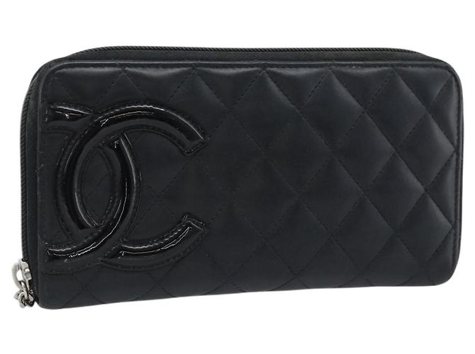 CHANEL Matelasse Cambon Line Long Wallet Leather Black Silver CC Auth 190679 Silvery