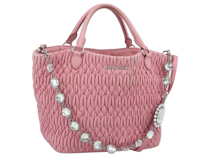 Bolsa de ombro Miu Miu Matelasse Chain de couro 2way Rosa Prata Auth 190606