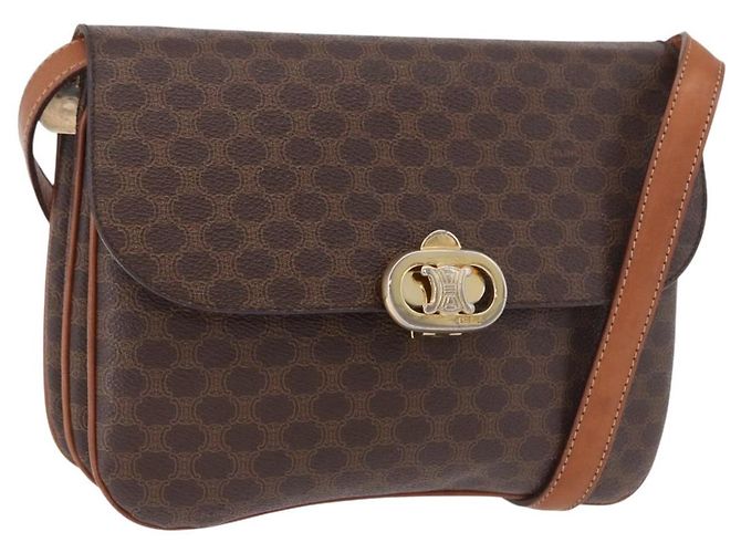 Céline Bolsa de Ombro CELINE Macadam PVC Couro Marrom Ouro Auth 191652 Dourado