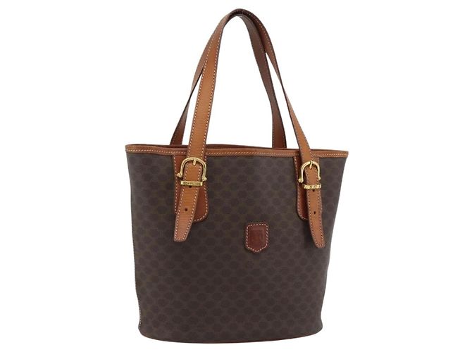 Céline Bolsa de Ombro CELINE Macadam Canvas PVC Couro Marrom Ouro Auth 191052 Dourado