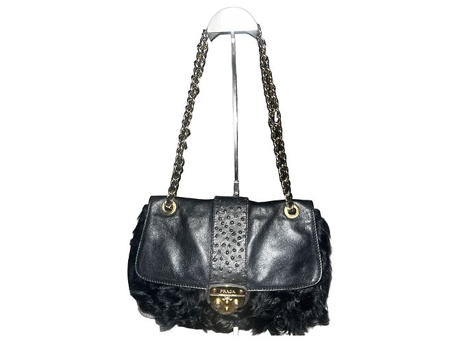 Jacquard Prada Bolsa de ombro em pele de avestruz e pele preta Preto