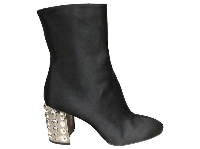 Sebastian Black satin ankle boots with rhinestone-embellished heels and silver studs