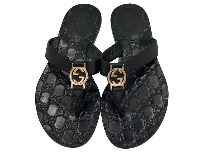 Gucci Guccissima Leder-Sandalen Schwarz mit Interlocking G