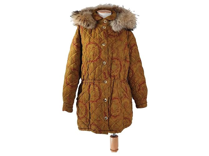 Etro Parka trapuntata stampa paisley e cappuccio pelliccia Marrone Rosso Verde