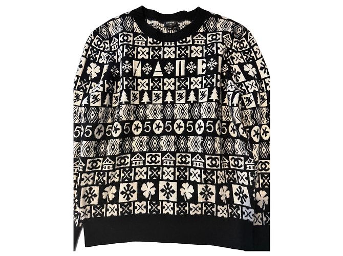Chanel Jacquard-Strickpullover mit CC-Logo Schwarz Weiß 