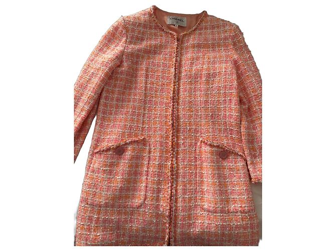 Giacca in tweed Chanel rosa e bianca con paillettes Bianco Arancione