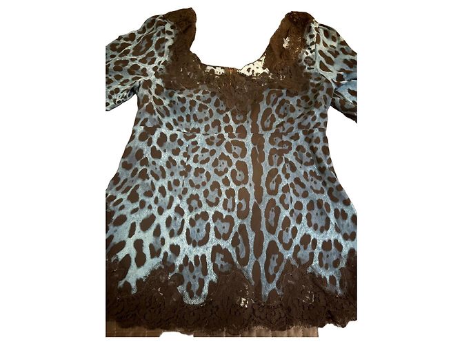 Dolce & Gabbana Top in seta leopardato blu e pizzo Stampa leopardo