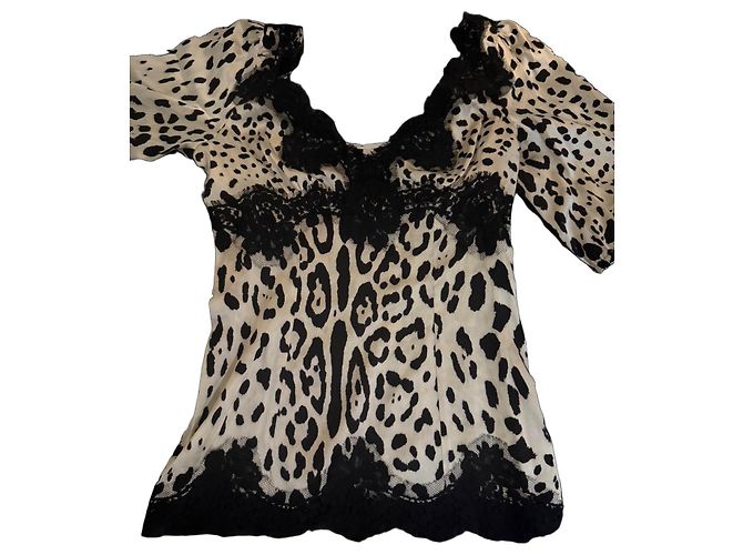 Dolce & Gabbana Top in seta leopardato con pizzo Nero Stampa leopardo