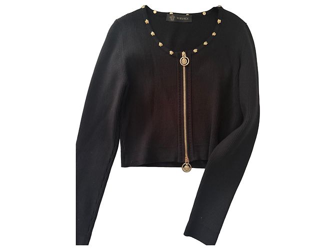 Medusa Versace Rippstrick-Cardigan mit Reißverschluss Schwarz