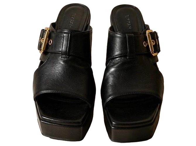 By Far Platform Leather Mules Black