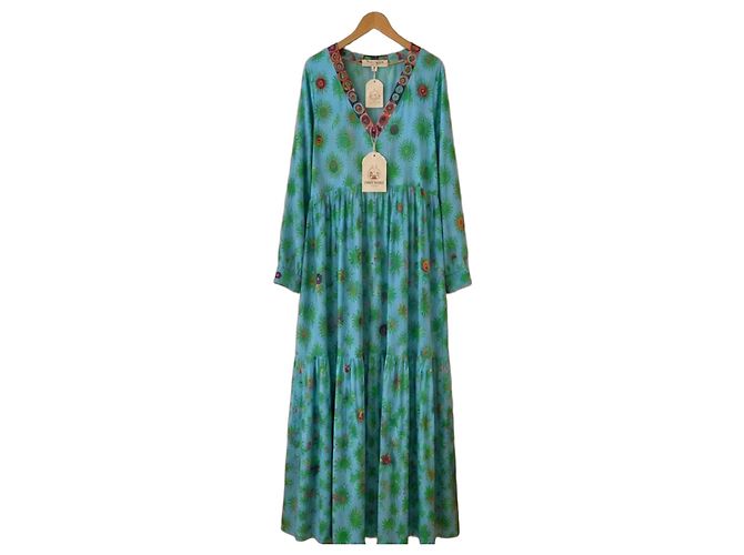 Autre Marque Emporio Sireneuse Langes Caftan-Kleid Blau Grün