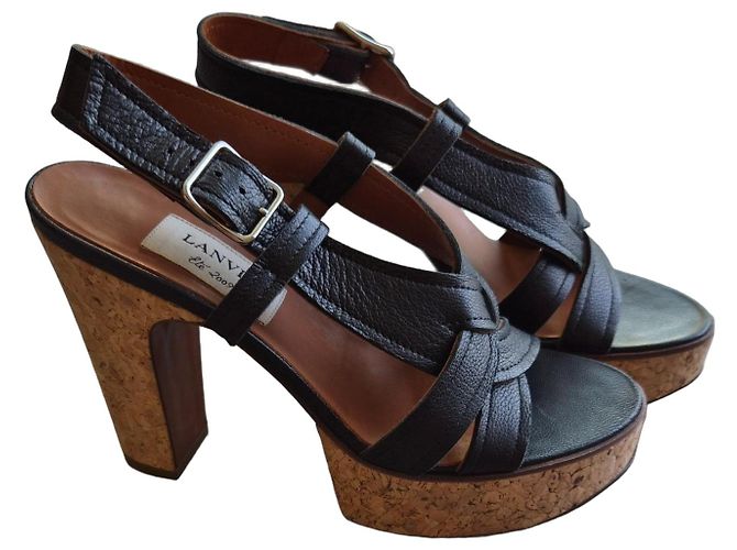 Sandali con zeppa Lanvin in pelle nera e sughero Nero