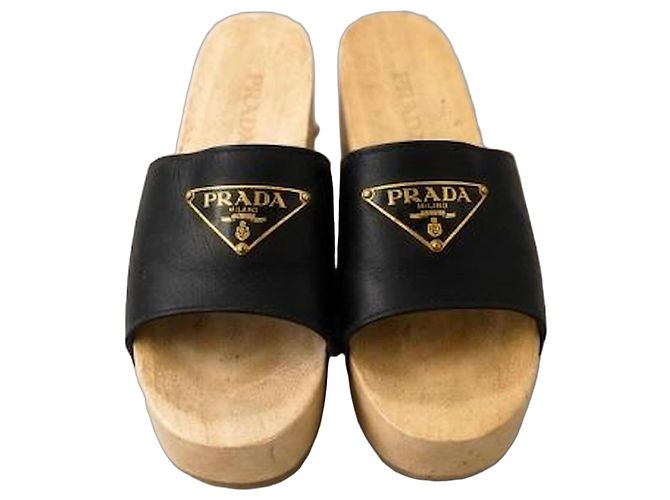 Prada Black Leather Wooden Clogs