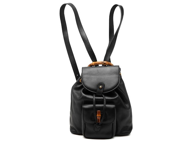 Gucci Black Calfskin Bamboo Drawstring Backpack