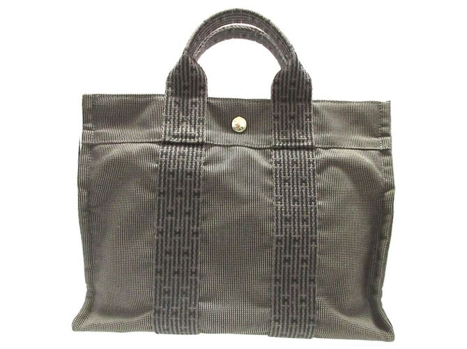 Hermès Sac cabas Hermes Herline PM en toile gris Marron