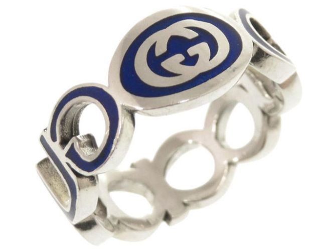 Anillo azul de plata esterlina 925 con G entrelazado de Gucci
