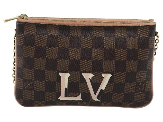 Louis Vuitton Double Zip Pochette Damier Ebene Marrone
