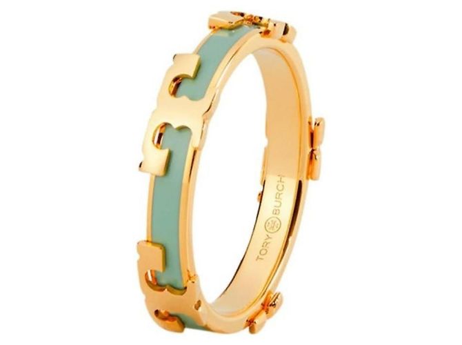 Anel Tory Burch Logo T Dourado e Esmalte Verde Água Verde claro
