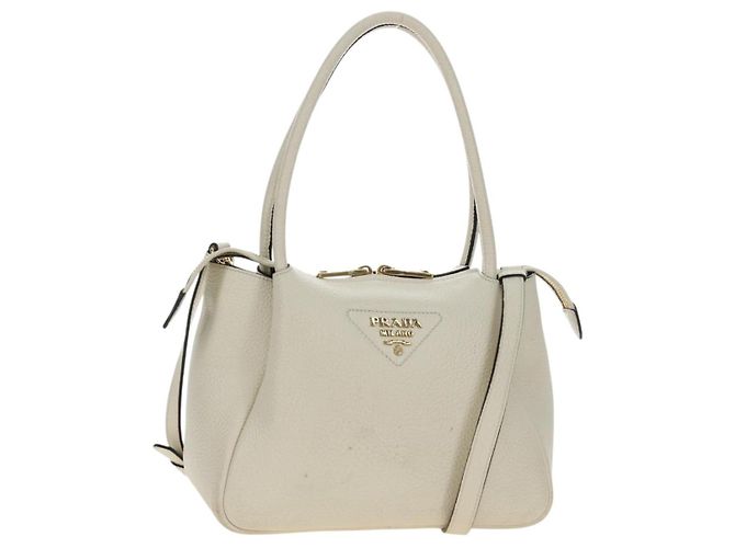 Bolsa PRADA Vittero Dino Leather 2way White Gold Auth 190387V Branco Dourado