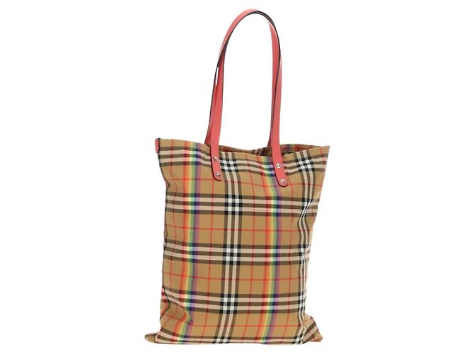 BURBERRY Nova Check Tote Bag Canvas Beige Silber Auth 190455M