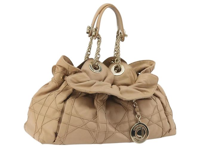 Borsa con coulisse e catena Christian Dior in pelle beige e oro Auth BA13968A D'oro