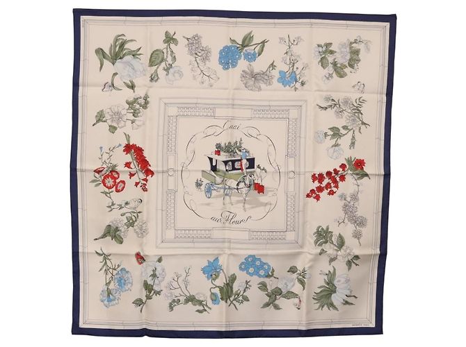 Hermès HERMES Carré 90 Sciarpa "Quai aux Fleurs" Seta Blu Bianco Auth 186912M