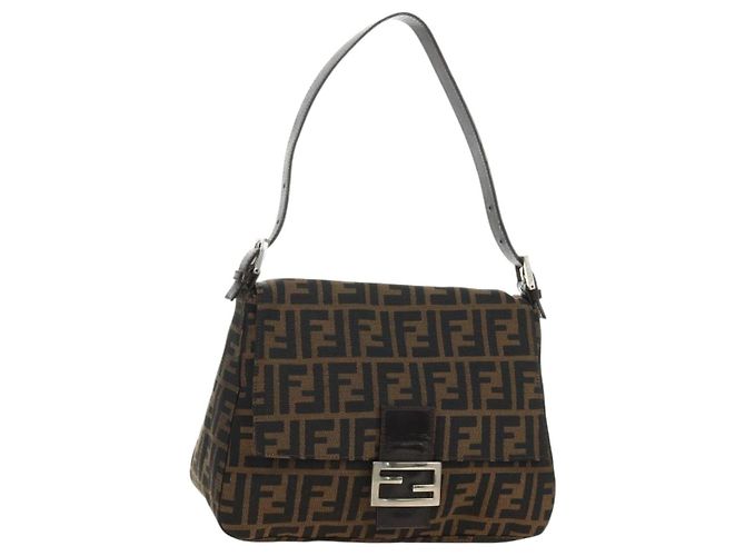 FENDI Zucca Canvas Mamma Baguette Bolsa de Ombro Preto Marrom Auth 191291SAV