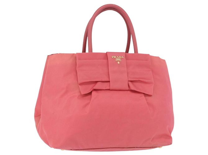 PRADA Ribbon Handtasche Nylon Pink Gold Auth 191389A Golden