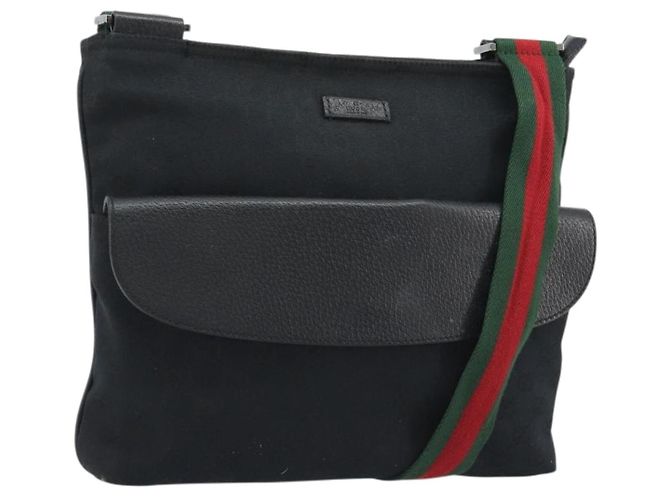 Borsa a tracolla GUCCI GG Canvas Web Sherry Line Nera Argento 256100 Auth 190463A Nero