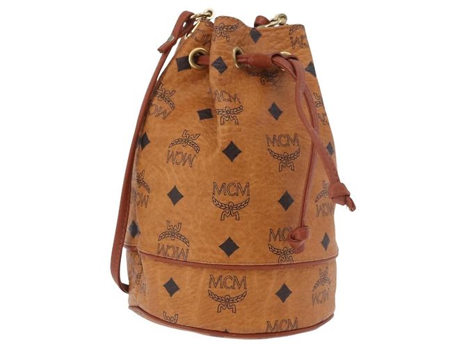 Bolsa de Ombro MCM Vicetos Logogram PVC Couro Marrom Ouro Auth hk3898 Dourado