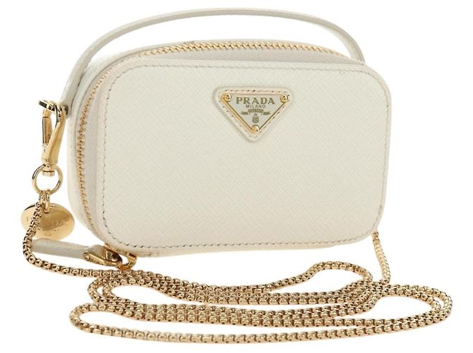 Saffiano Mini bolsa de ombro com corrente PRADA em couro Safiano Branco Ouro Auth 190429M Dourado