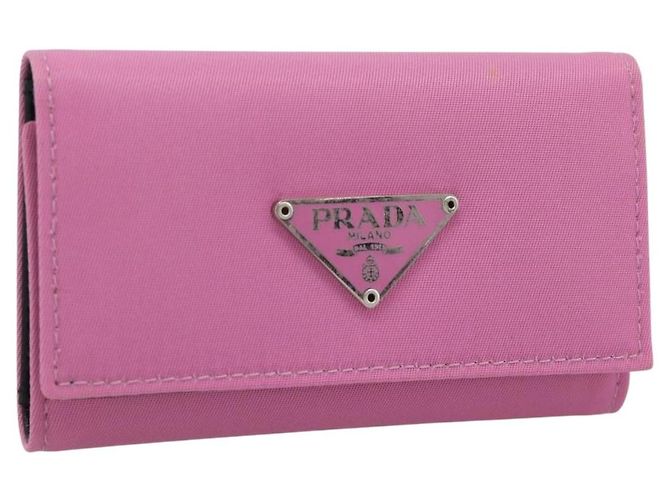 PRADA Schlüsseletui Nylon Rosa Silber Auth 189428A Pink