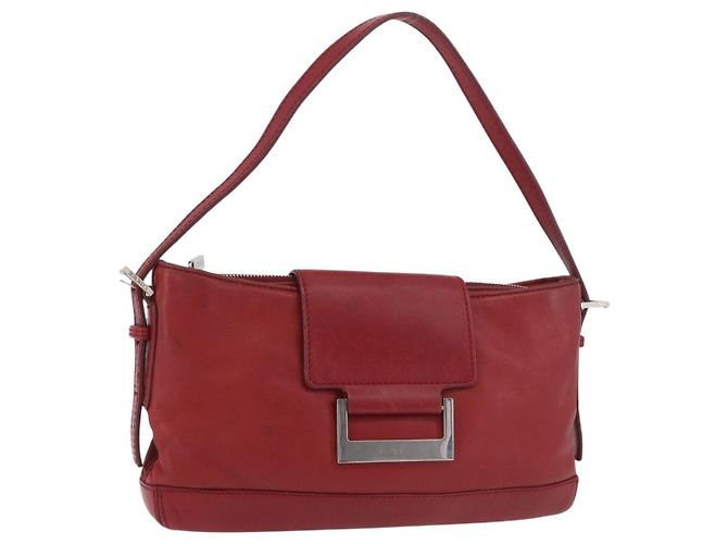 LOEWE Accessory Pouch Leather Red Silver Auth 191357 Silvery